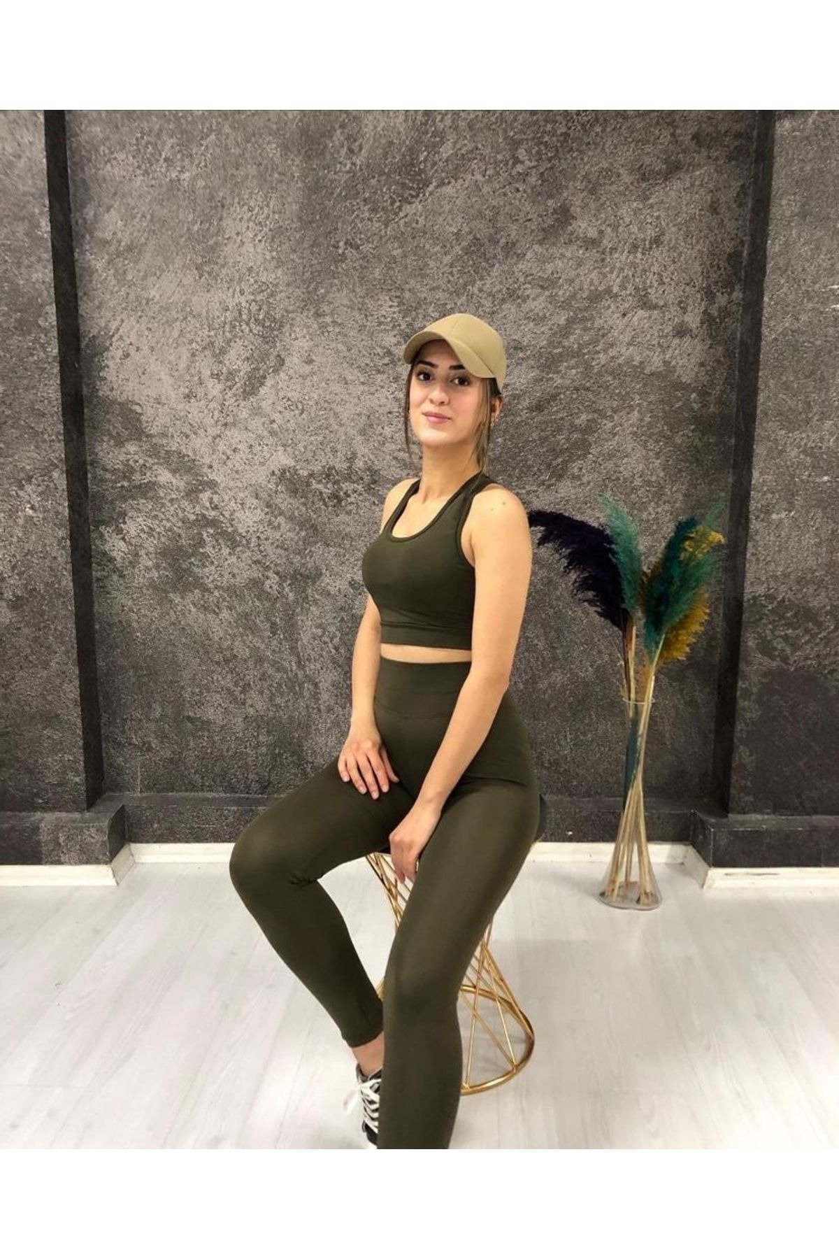 Kadın Haki Crop Tayt Takım